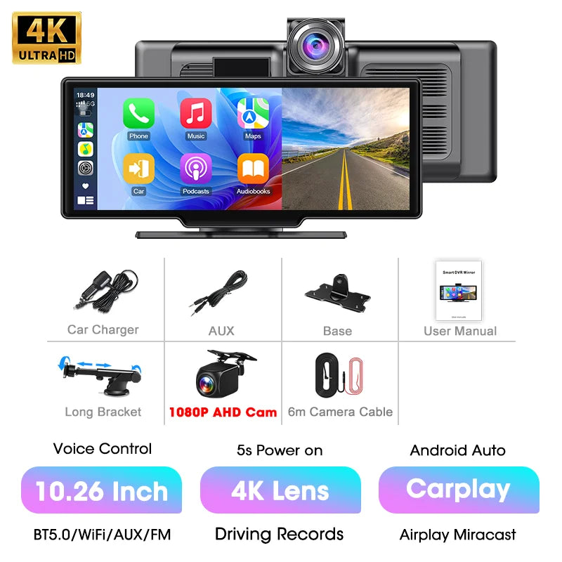 10.26" Langaton 4K Älynäyttö Autoon – CarPlay, Android Auto & Kojelautakamera (Peruutuskameralla)