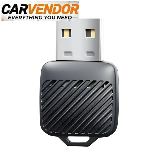 Musta usb-muistitikku 2-in-1 langaton carplay android auto -adapterissa hopeisella metallisella liittimellä