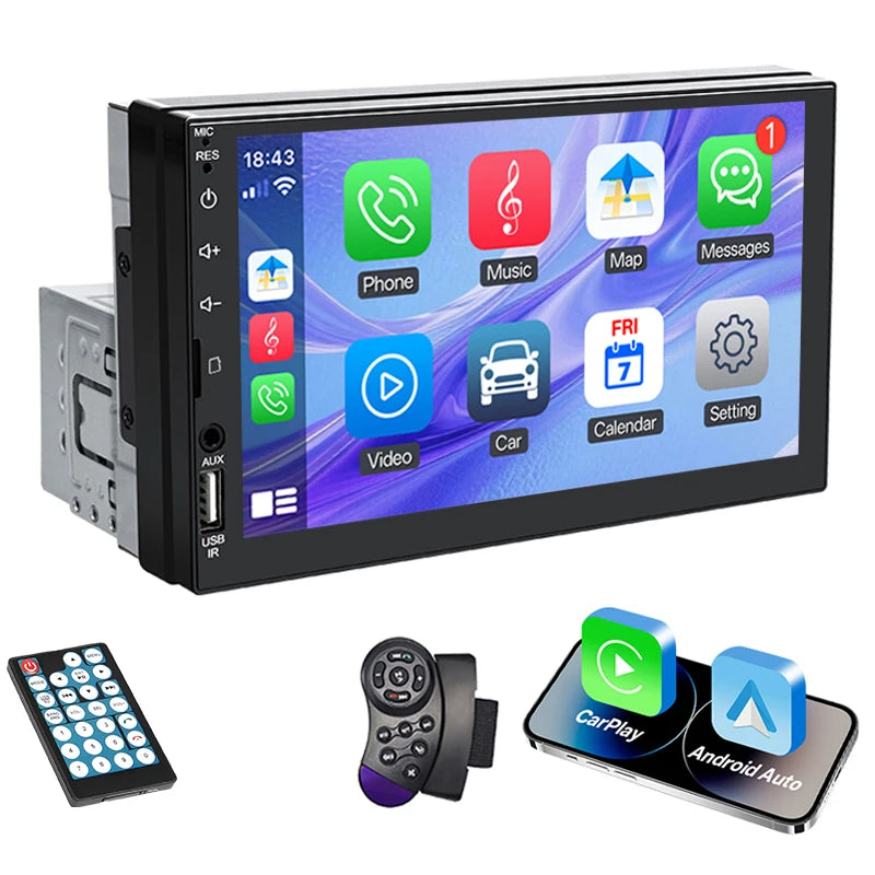 1-DIN Autosoitin 7" HD-kosketusnäytöllä (Apple CarPlay & Android Auto)