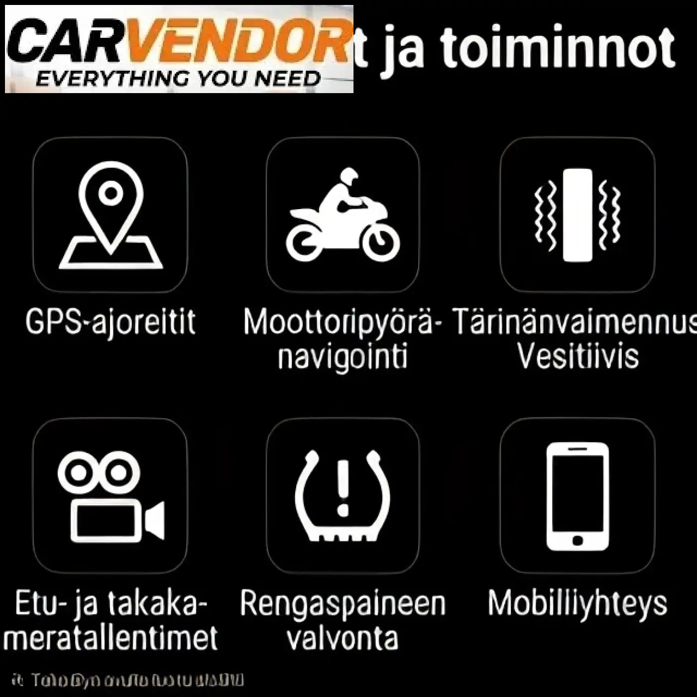 Musta näyttö, jossa kuusi valkoista ikonia suomenkielisillä gps, moottoripyörän navigointi ja puheyhteys toiminnoille 7 vedenpitävä älynäyttö moottoripyörään langattomalla apple carplayllä ja android autolla