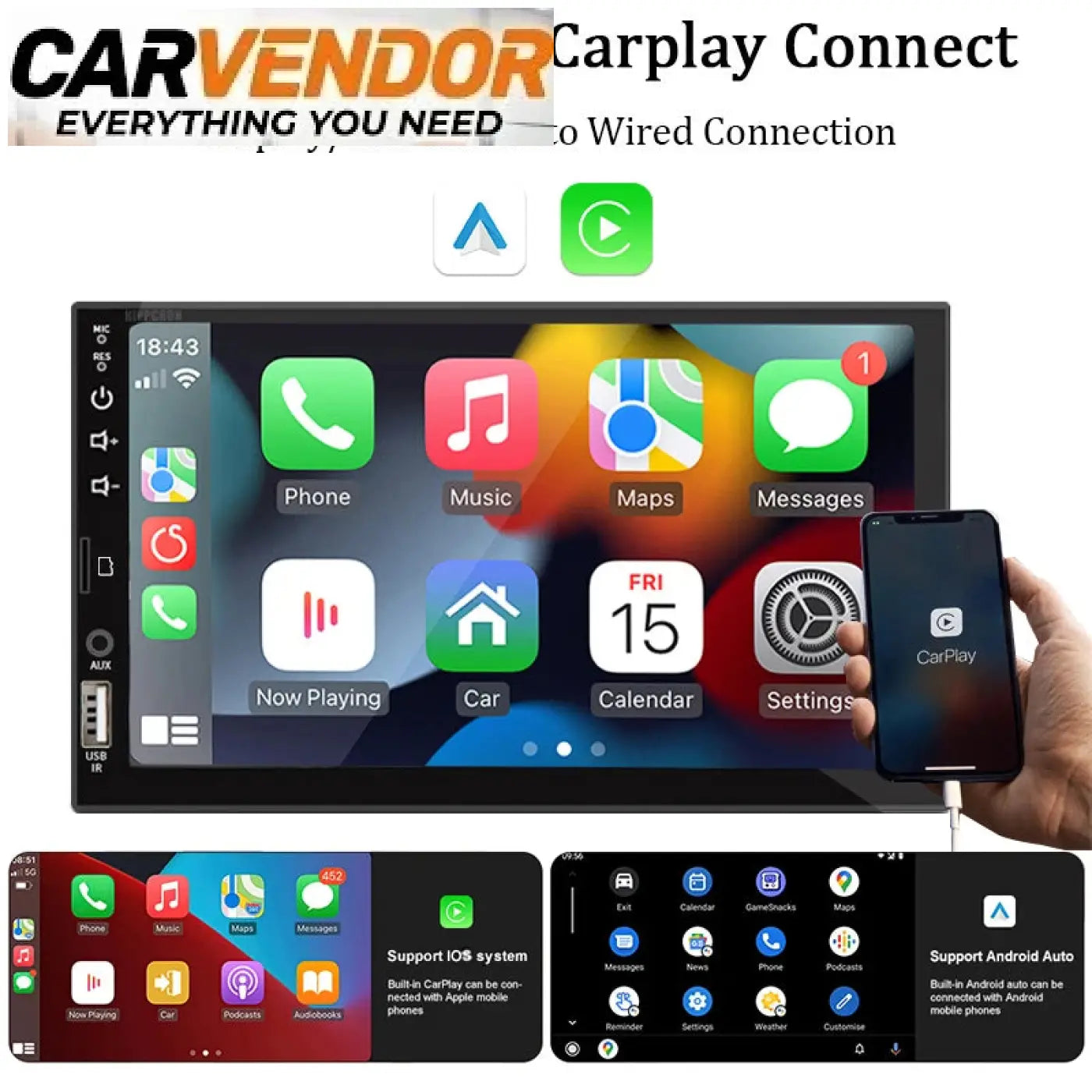 Musta 1-din autosoitin 7 tuuman hd-kosketusnäytöllä ja langallisella apple carplay -yhteydellä