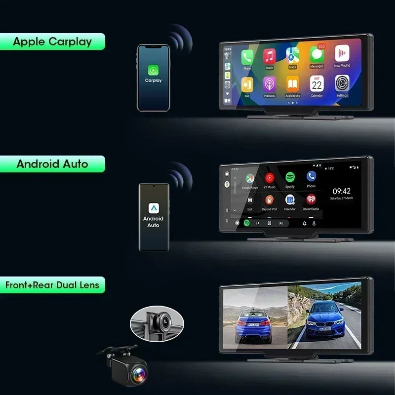 10.26" Langaton 4K Älynäyttö Autoon – CarPlay, Android Auto & Kojelautakamera (Peruutuskameralla)