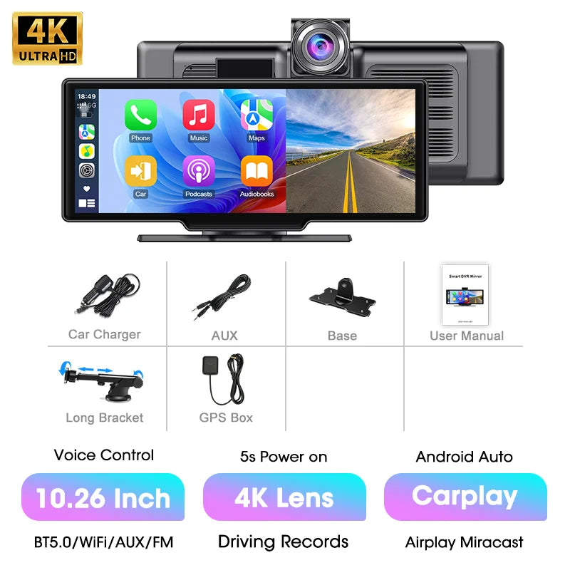 10.26" Langaton 4K Älynäyttö Autoon – CarPlay, Android Auto & Kojelautakamera (Peruutuskameralla)