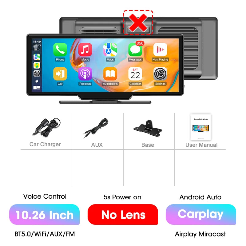 10.26" Langaton 4K Älynäyttö Autoon – CarPlay, Android Auto & Kojelautakamera (Peruutuskameralla)