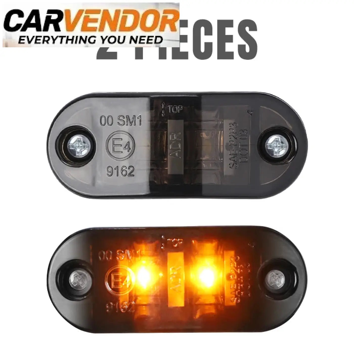 Mustan soikean 12v 24v universaali led-äärivalon oranssi led-valaistus ja kirkas linssi edestä näkymä