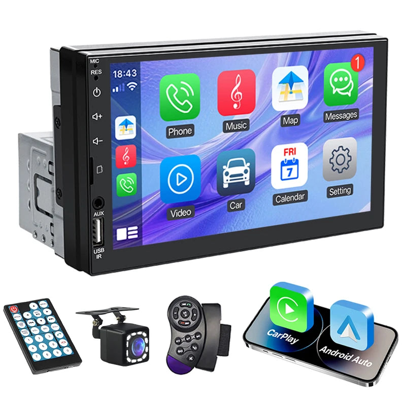 1-DIN Autosoitin 7" HD-kosketusnäytöllä (Apple CarPlay & Android Auto)