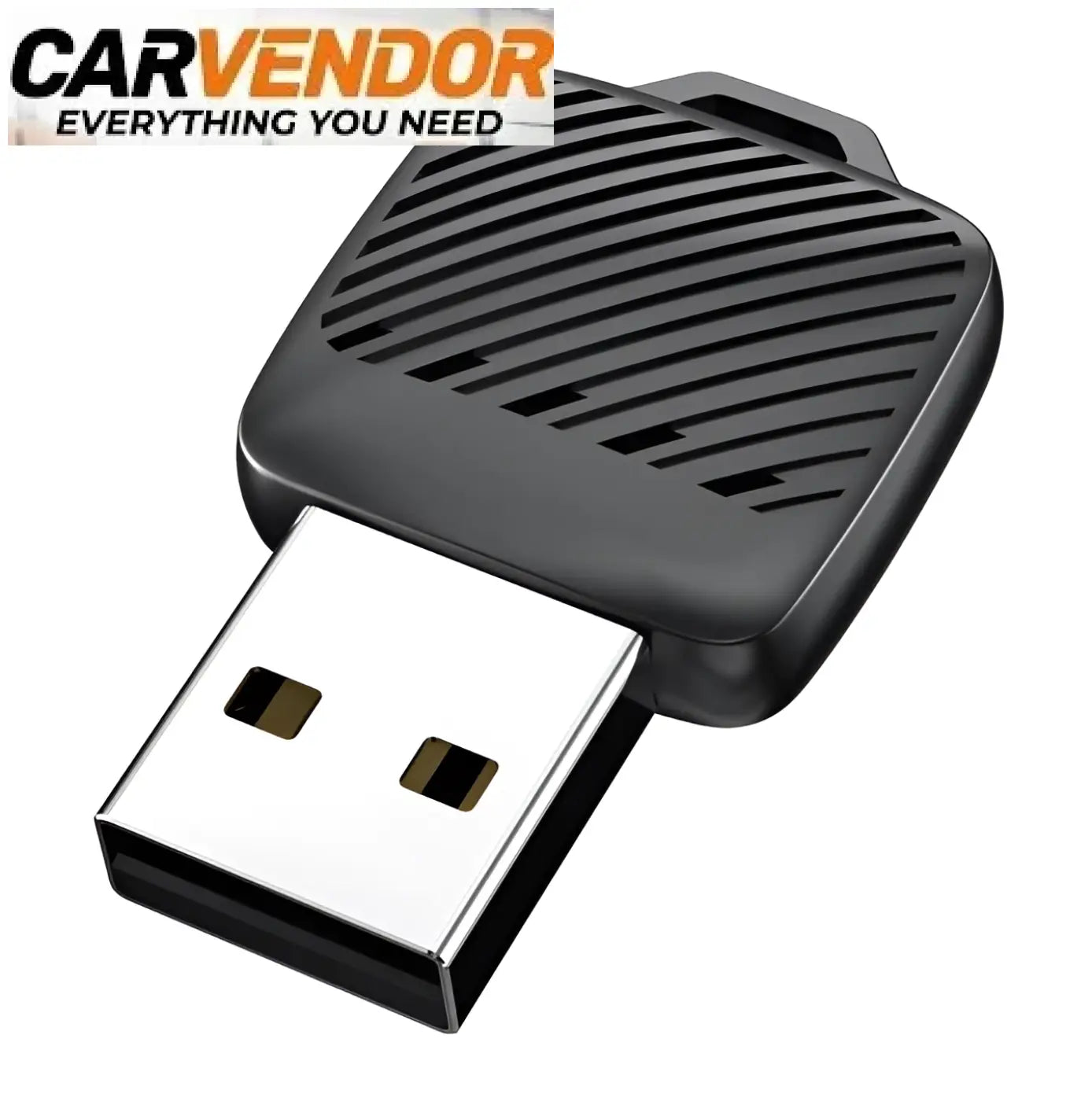 Musta usb-tikku 2-in-1 langaton carplay android auto -adapterissa, suorakulmainen metallisella liittimellä ja viistokuvioilla