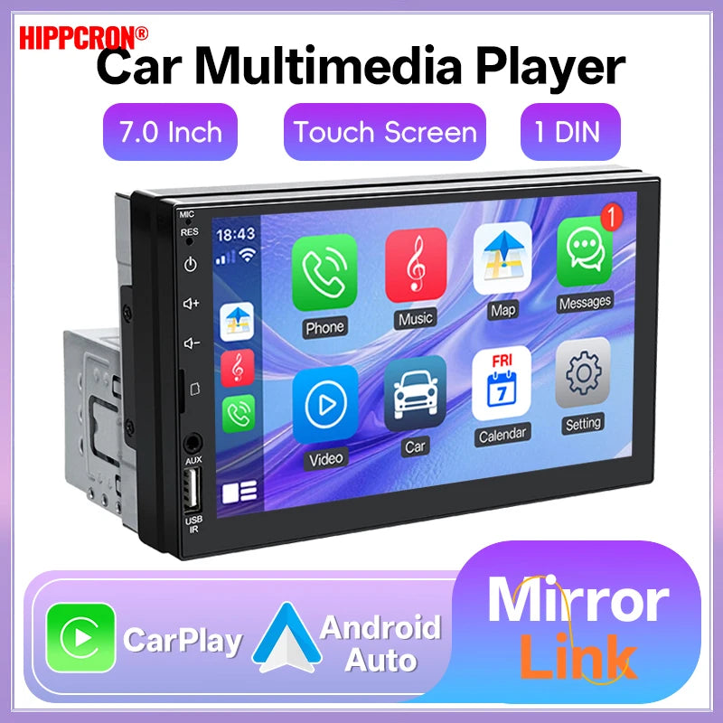 1-DIN Autosoitin 7" HD-kosketusnäytöllä (Apple CarPlay & Android Auto)