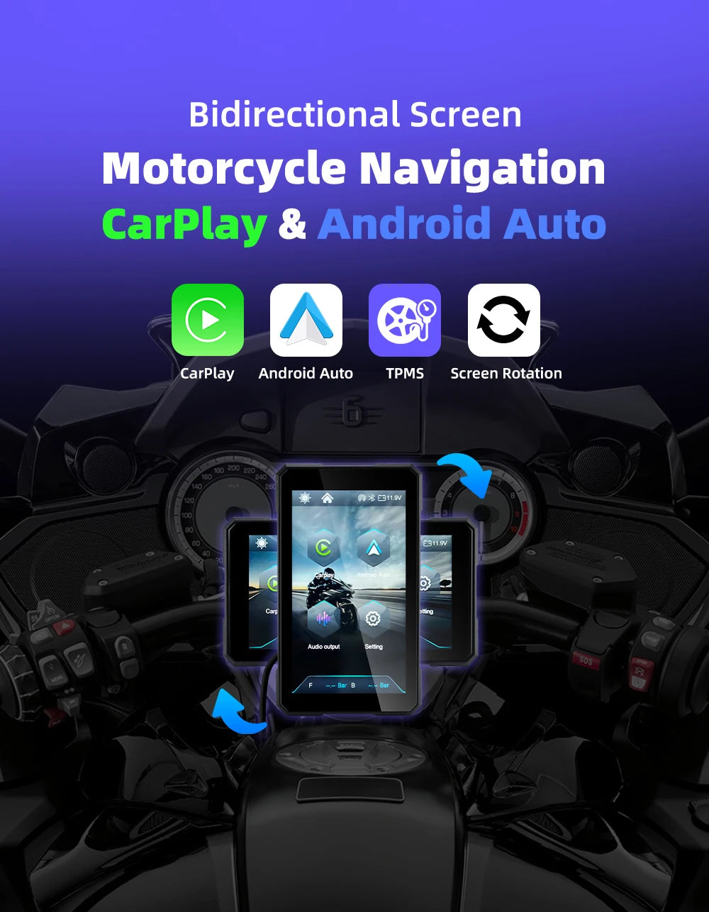 5" Älykäs Moottoripyörän Näyttö (Langaton CarPlay & Android Auto) + Rengaspainevalvonta