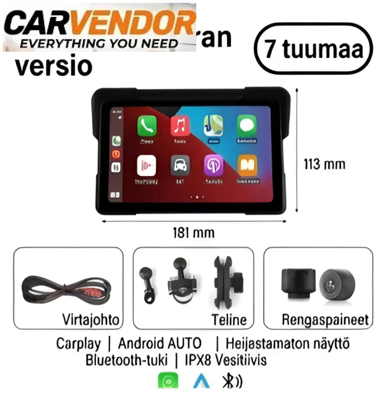 Mustaa 7 tuuman vedenpitävä älynäyttö moottoripyörään langattomalla apple carplay ja android auto yhteensopivuudella