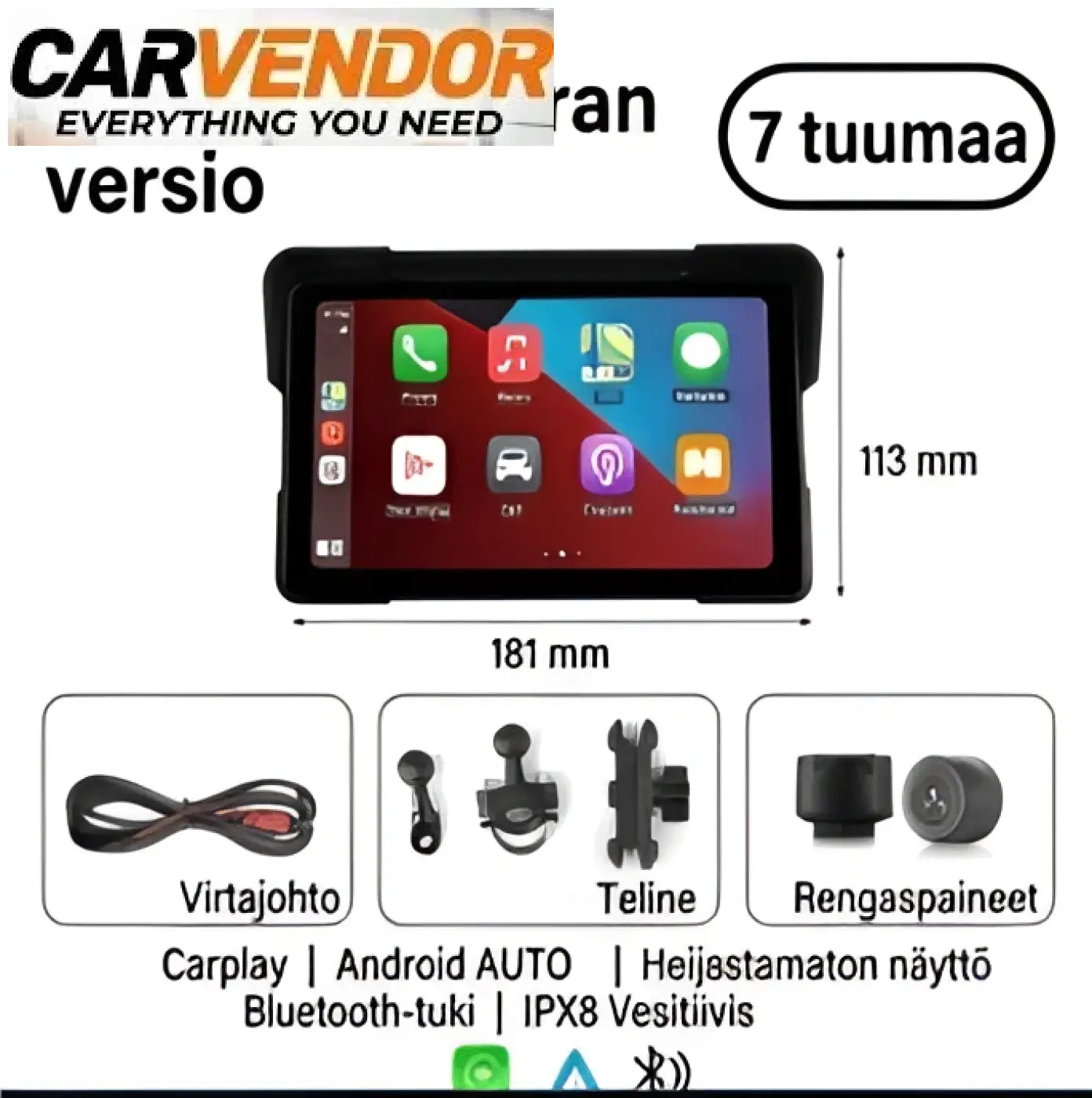 Mustakehyksinen 7 tuuman kosketusnäyttöinen älynäyttö moottoripyörään langattomalla apple carplaylla ja android autolla
