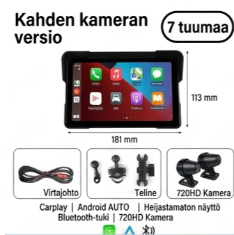 7’’ Vedenpitävä Älynäyttö Moottoripyörään (Langaton Apple CarPlay & Android Auto) - Näyttö + HD Etu- ja takakamerat
