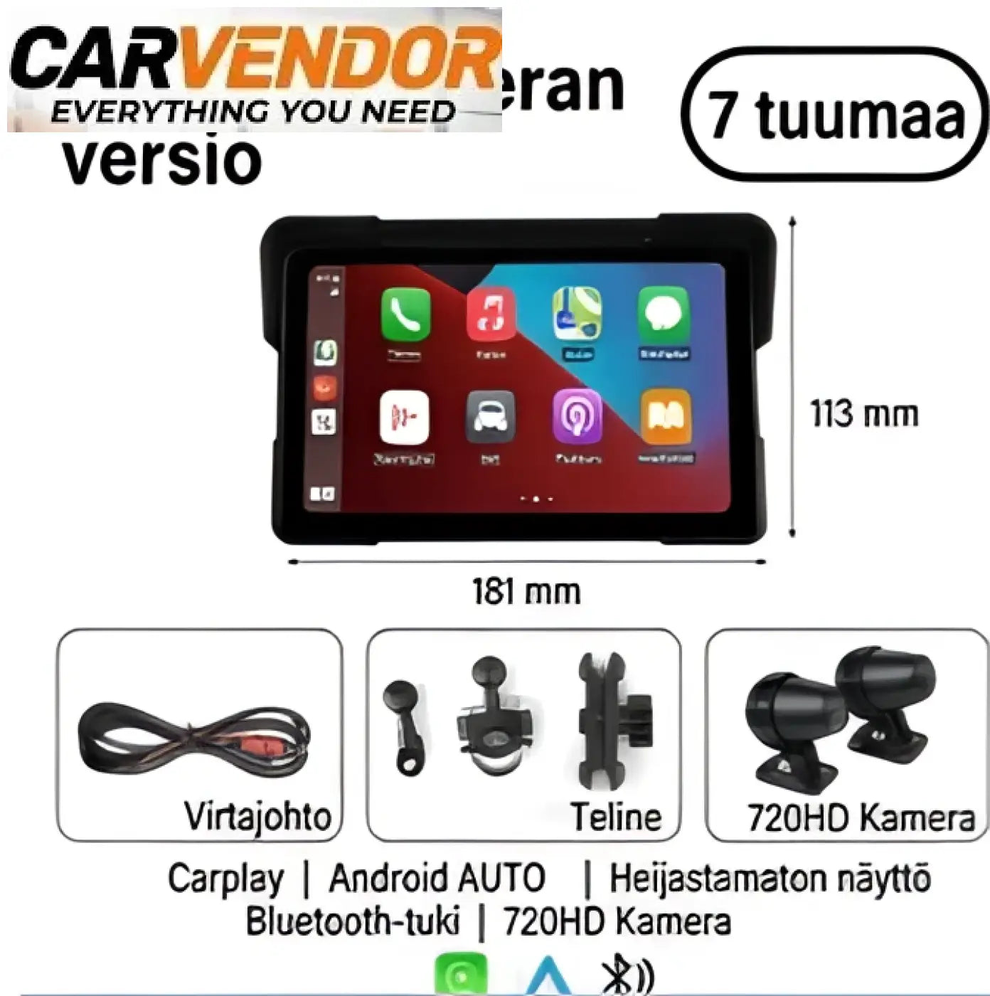 7-tuumainen musta touchscreen auton infotainment-järjestelmä vedenpitävänä moottoripyörään langattomalla apple carplaylla ja android autolla