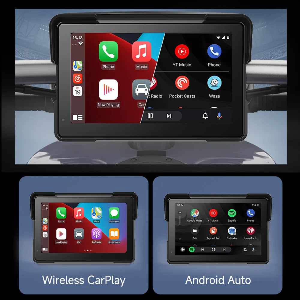 7" Vedenpitävä Älynäyttö Moottoripyörään (Langaton Apple CarPlay & Android Auto)