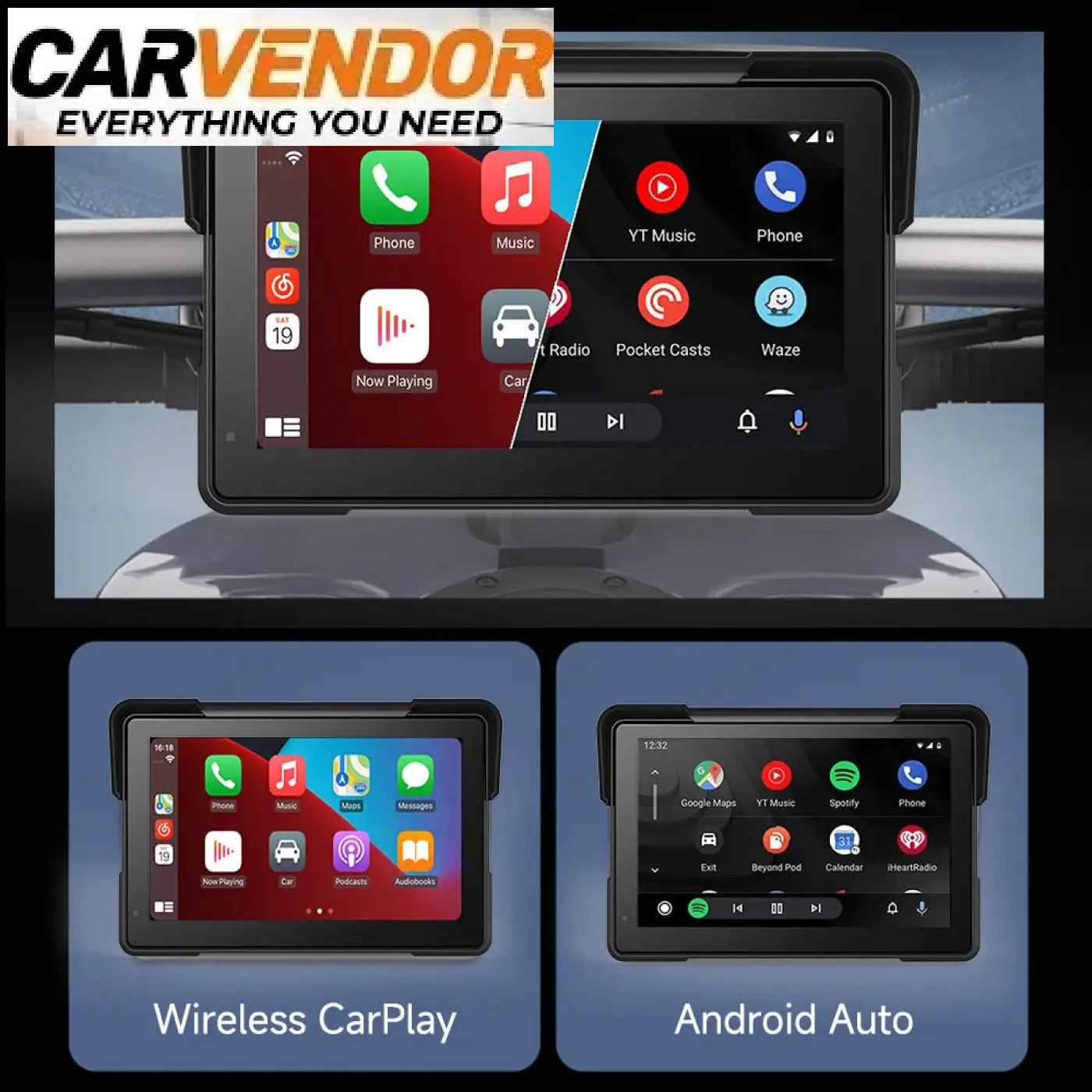7 tuuman vedenpitävä mustakehyksinen älynäyttö moottoripyörään langattomalla apple carplayllä ja android autolla
