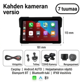 7’’ Vedenpitävä Älynäyttö Moottoripyörään (Langaton Apple CarPlay & Android Auto) - Näyttö + HD Kamerat