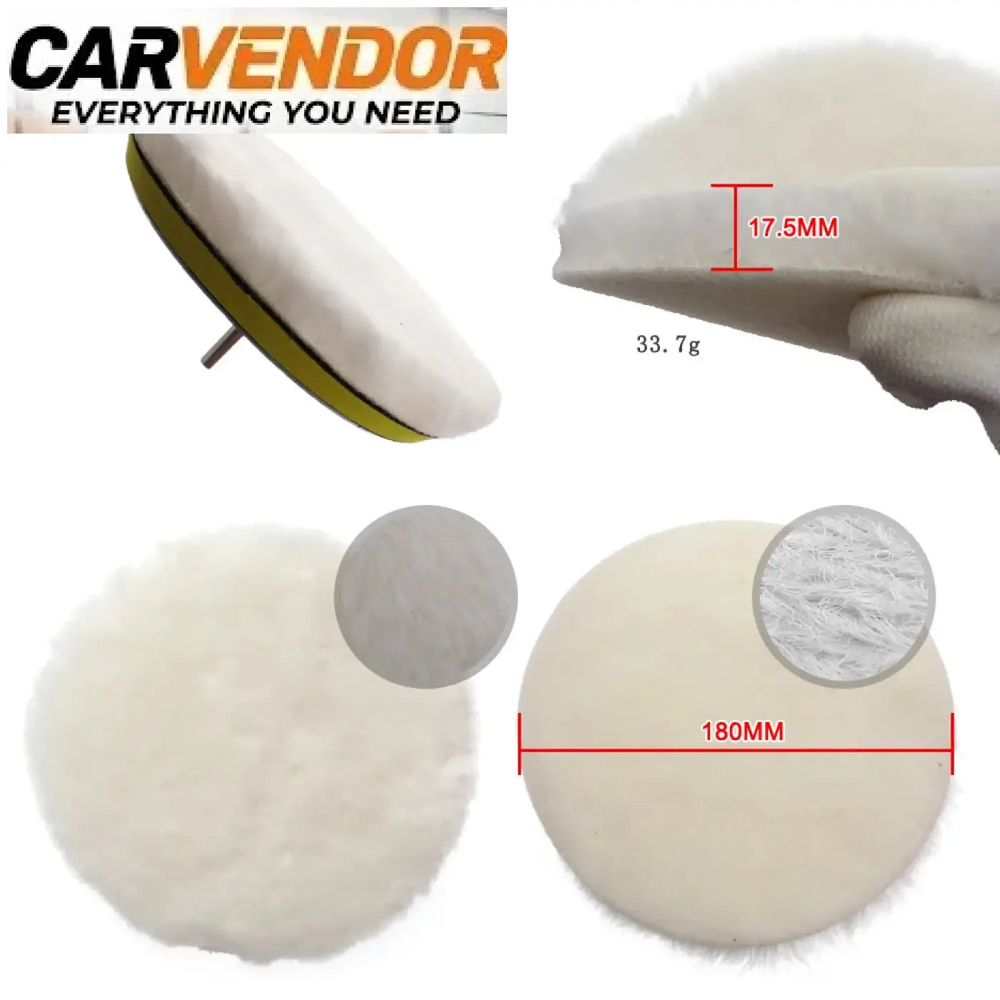 White fluffy sheepskin buffing pad with yellow rim and metal shaft for car polishing pad kit