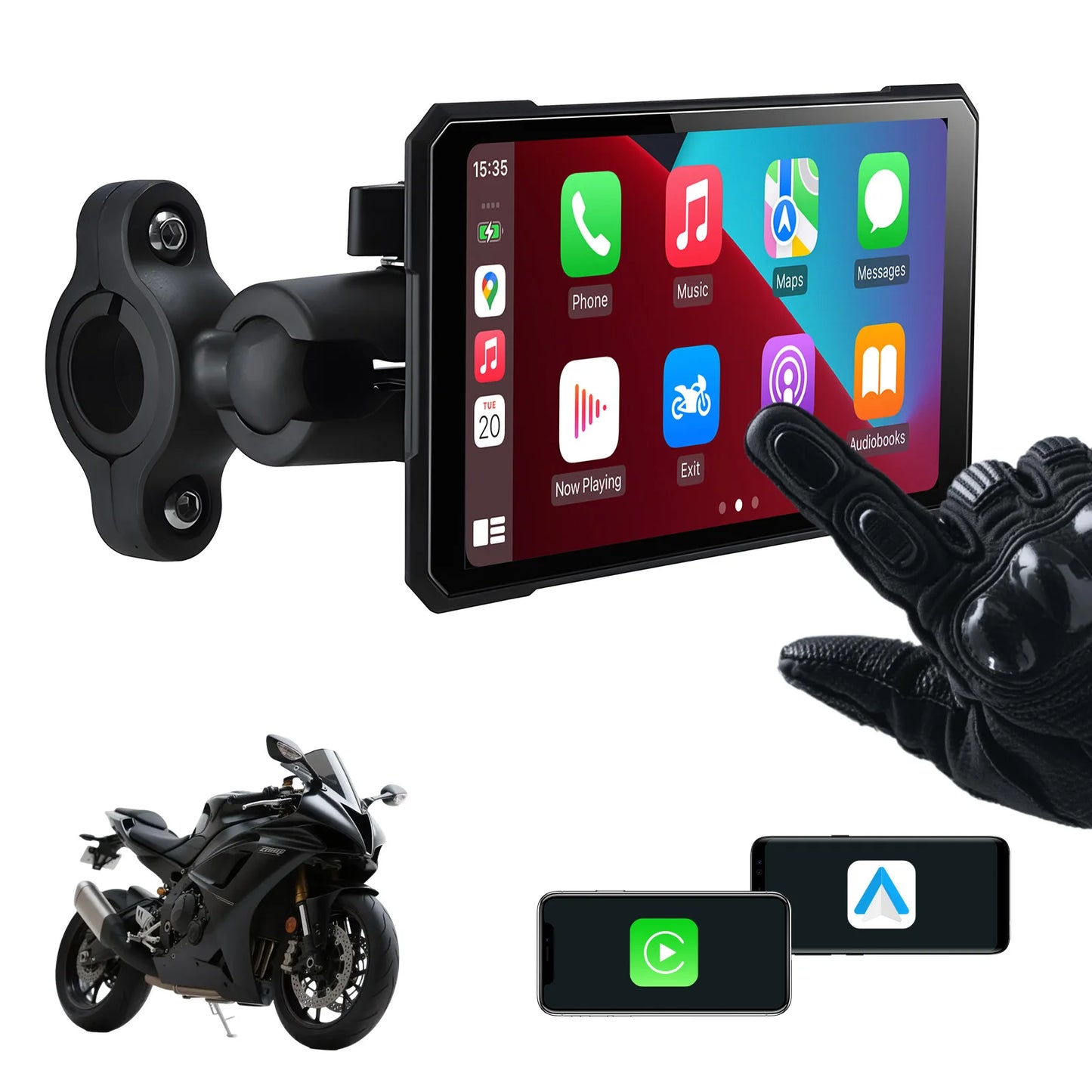 5" Älykäs Moottoripyörän Näyttö (Langaton CarPlay & Android Auto) + Rengaspainevalvonta