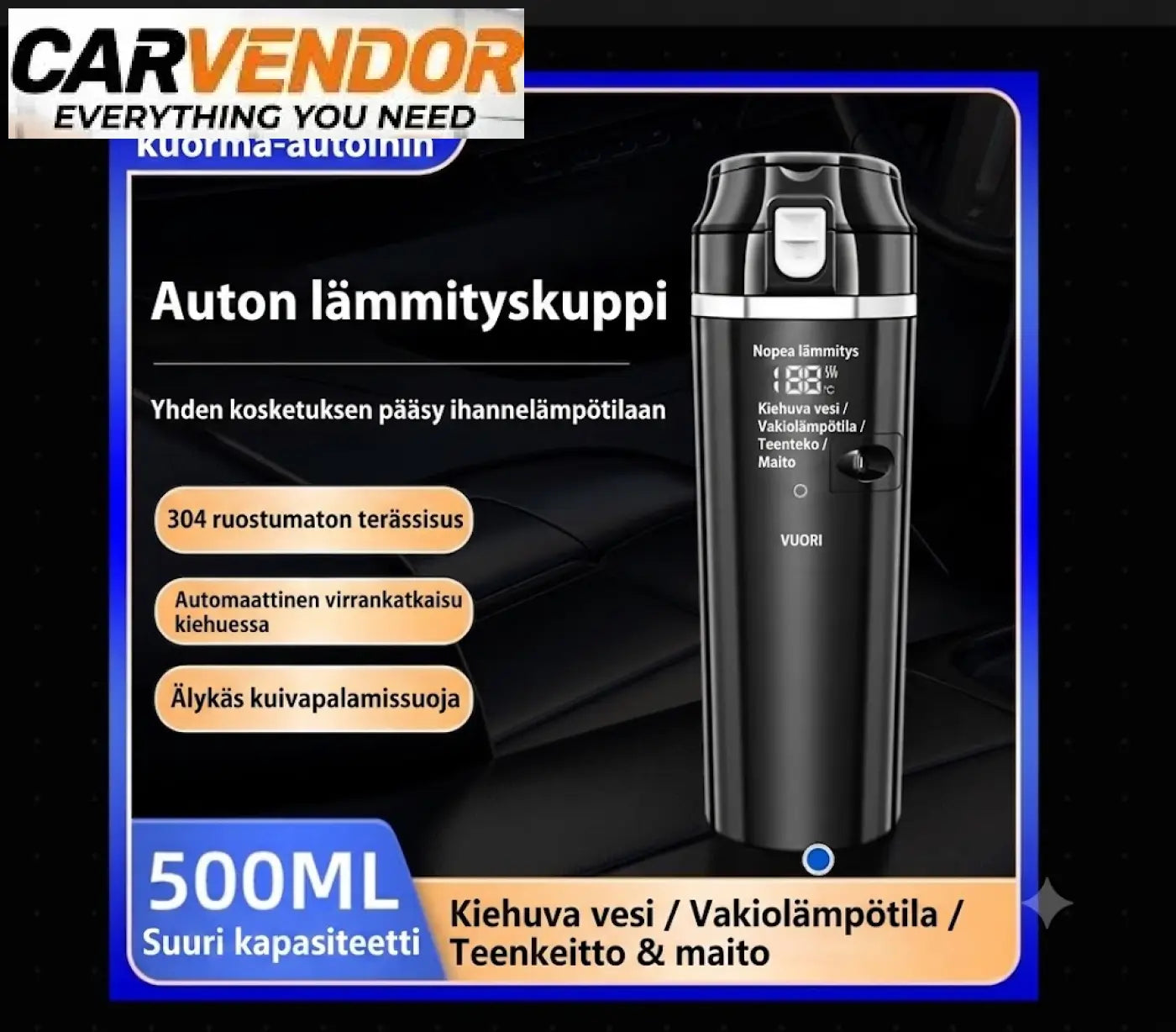 Älykäs musta 500 ml sähköinen autolämmitin hopeisilla yksityiskohdilla ja digitaalisella näytöllä