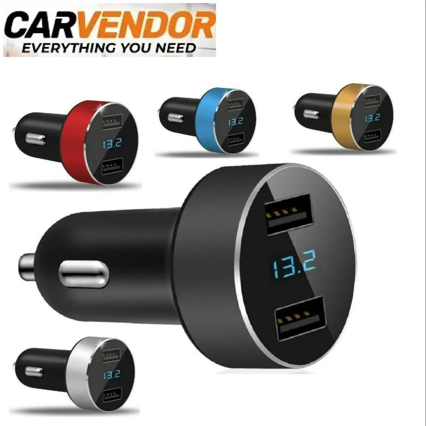 Musta älykäs led-autolaturi dual usb portilla ja sinisellä 13.2 näytöllä, saatavana punaisena, sinisenä, kullansävyisenä ja hopeana