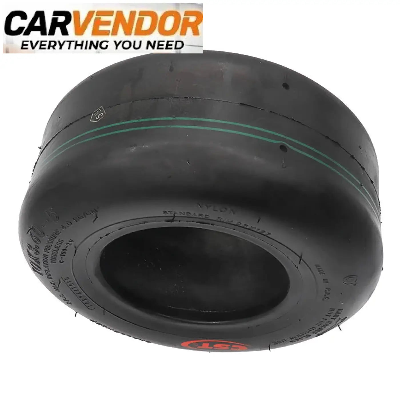 Black rubber cst tubeless-rengas with green stripe and red carvendor logo for karting atv drift use