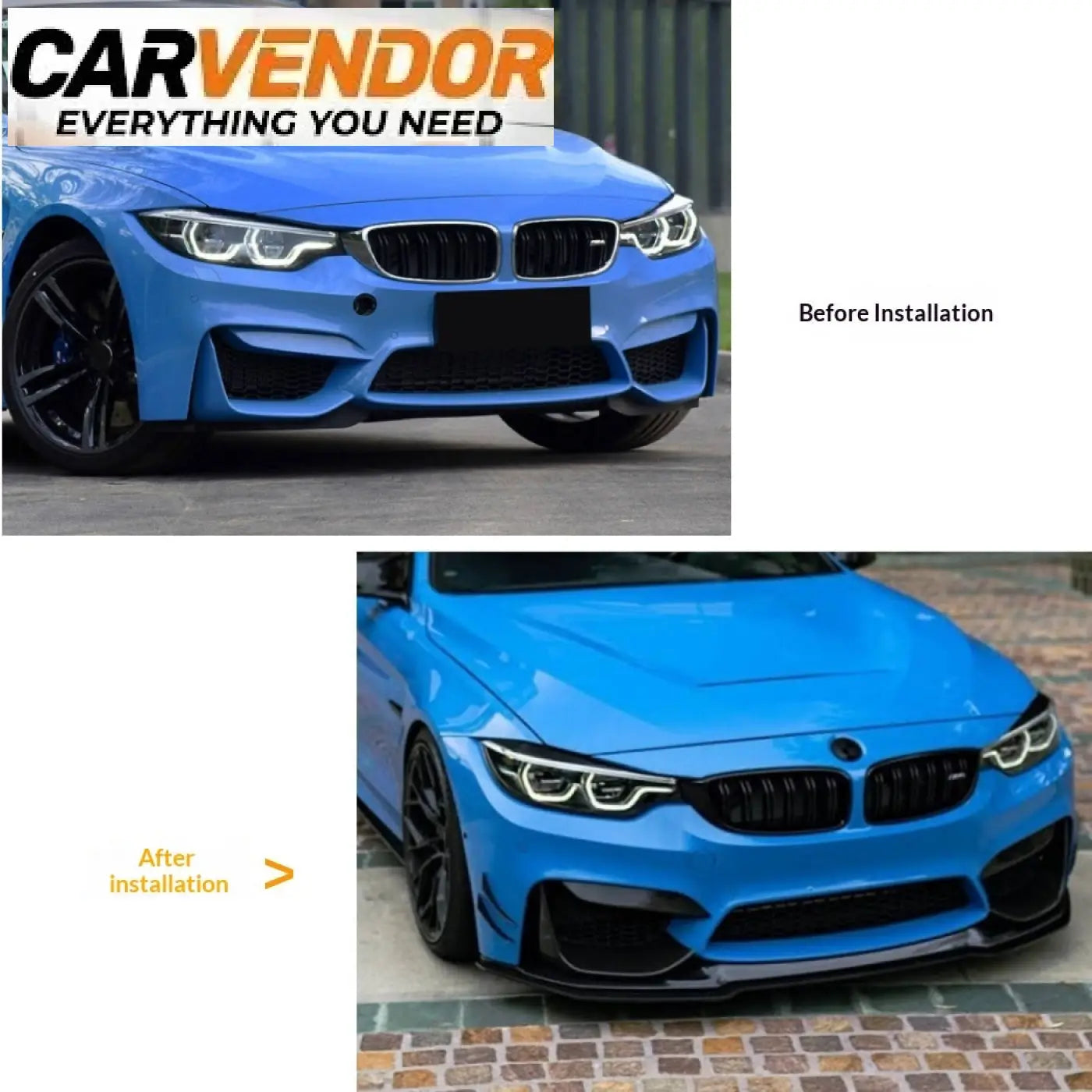 Mustaa hiilikuitua oleva etupuskurin lippa spoileriksi siniseen bmw m3 malliin m3 f80 f81 ja m4 f82 f83
