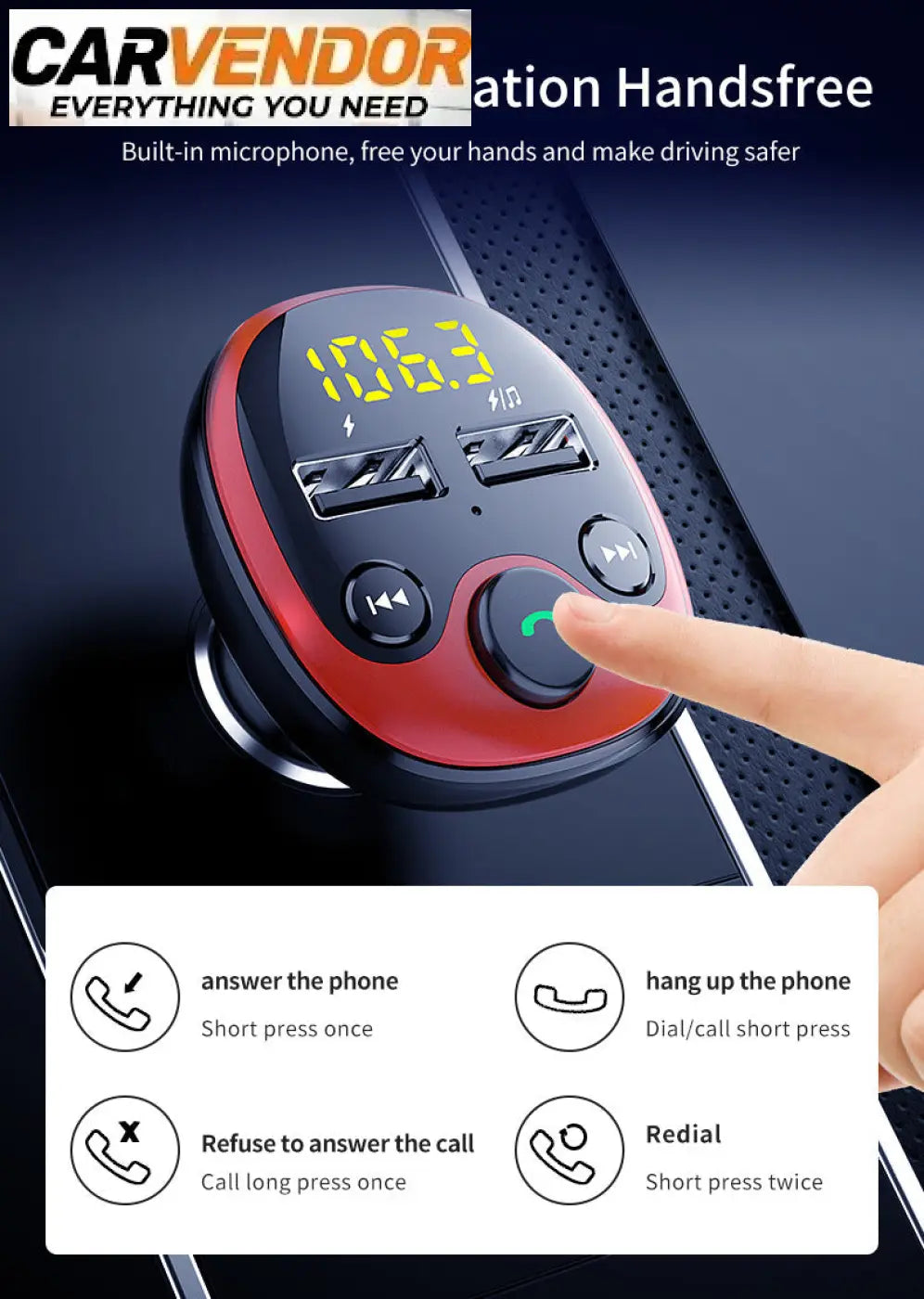 Red and black fm-lähetin ja bluetooth-autolaturi with digital display showing time and dual usb ports for car use
