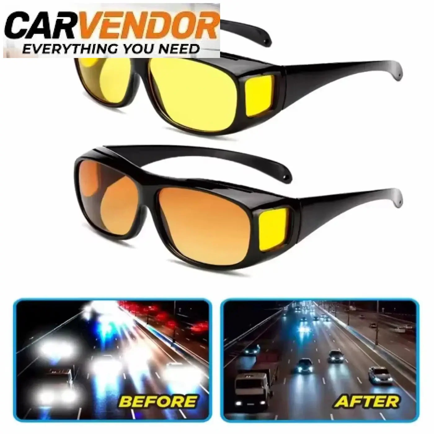 Black-framed high definition night vision goggles with yellow orange gradient lenses to reduce headlight glare for drivers