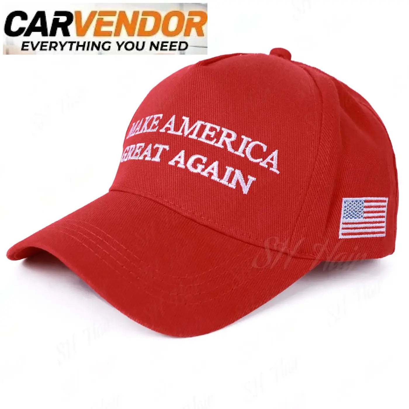 Uusi punainen lippalakki valkoisella make america great again kirjailulla ja amerikkalaisella lipulla sivussa
