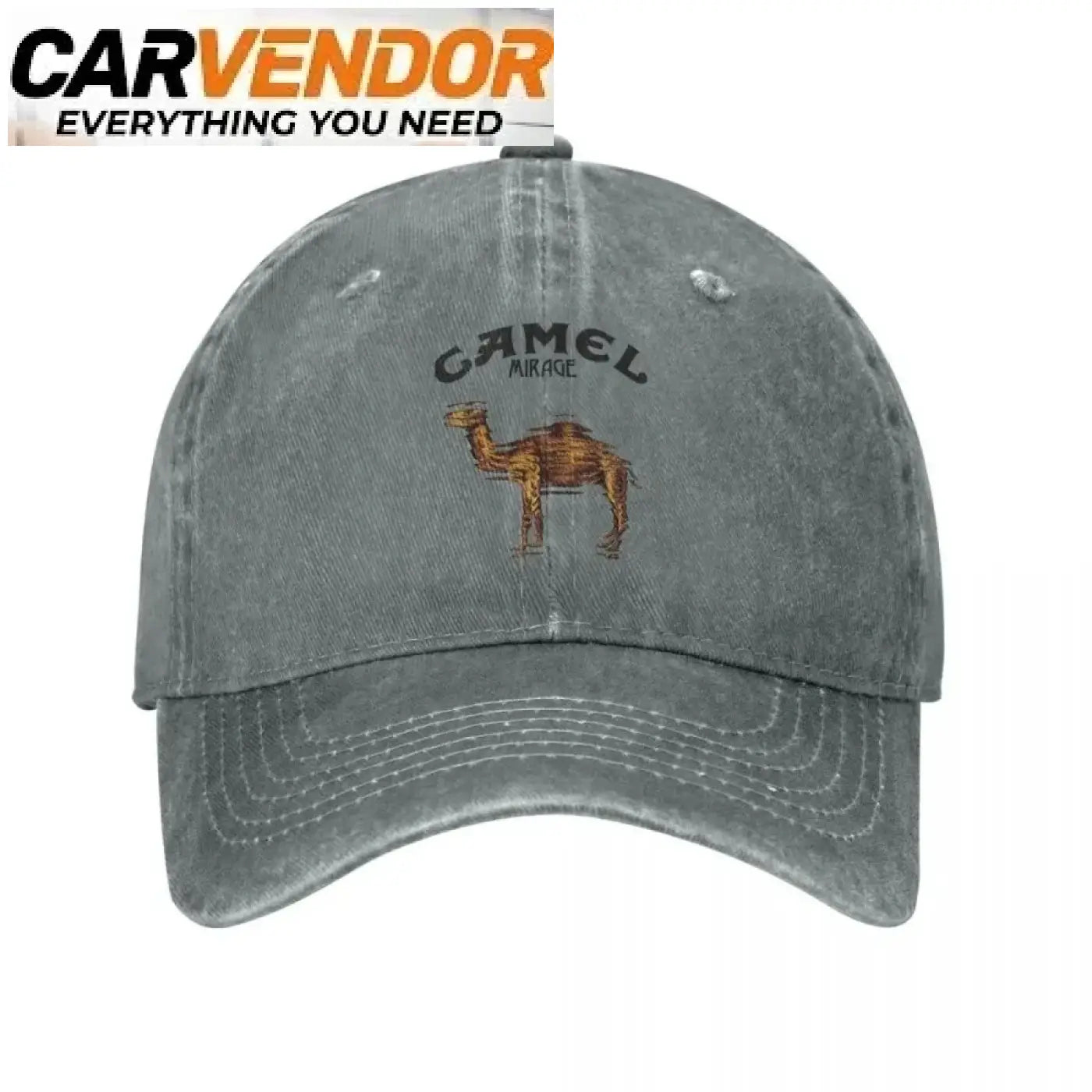 A faded gray trucker hat with a stitched camel graphic and camel mirage text for outdoor and casual wear