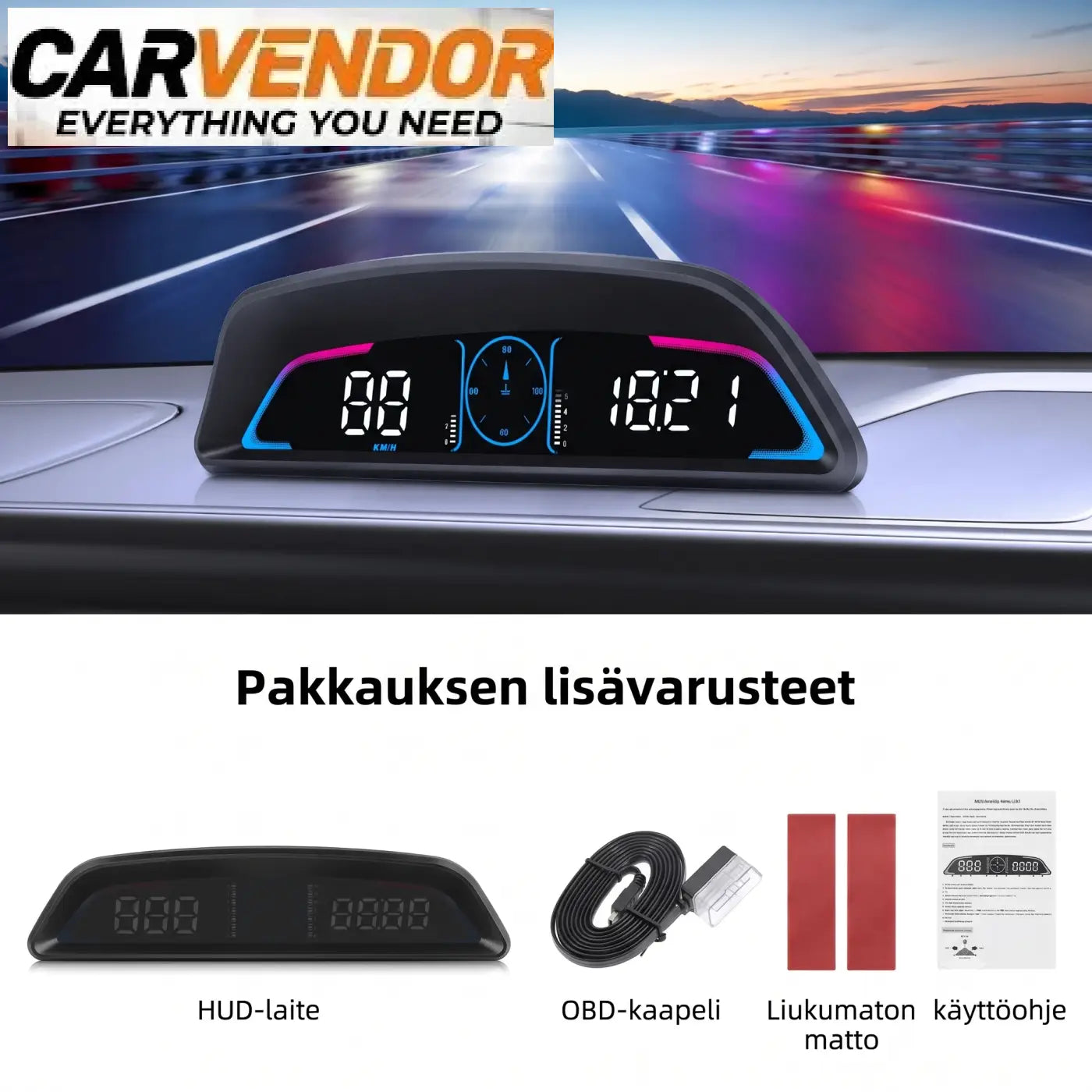 Kompakti hud-tuulilasinäyttö mustalla digitaalihudilla sinisin ja pinkein valaistuilla reunoilla nopeus rpm ja mittarilla