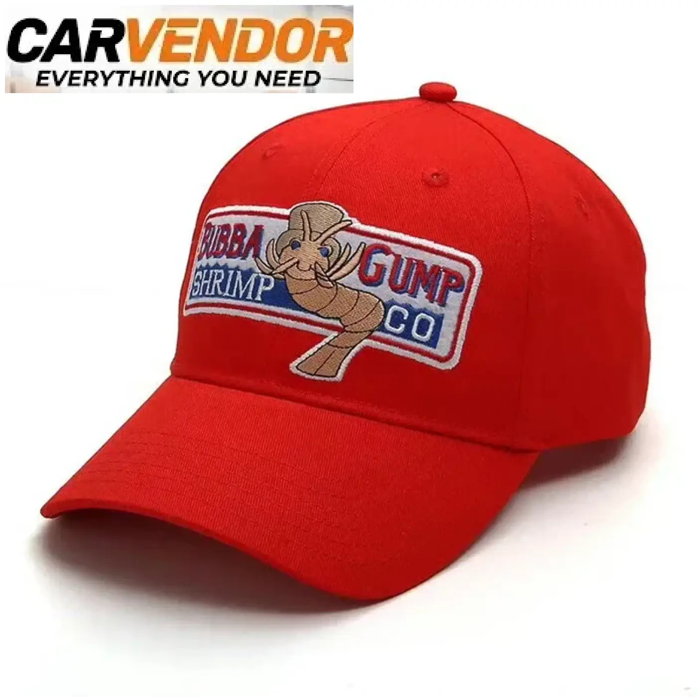 Punainen retro-lippis bubba gumpissa shrimp-patchilla ja rubba shrimp gump co. kirjailulla