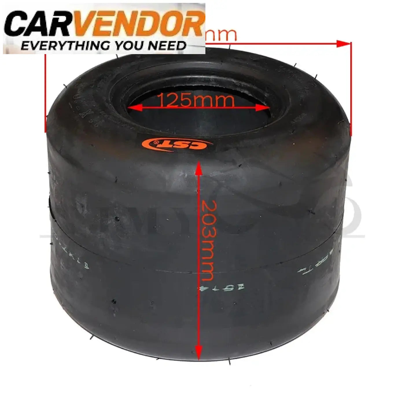 Laadukas musta kuminen karting rengas cst logolla ja mitat 125mm leveä 203mm korkea 5 tuuman vanteelle