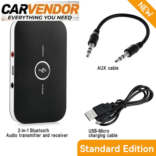 Musta carvendor 2-in-1 bluetooth 5.3 -lähetin ja vastaanotin hopealla pyöreällä painikkeella aux usb rca liitännällä