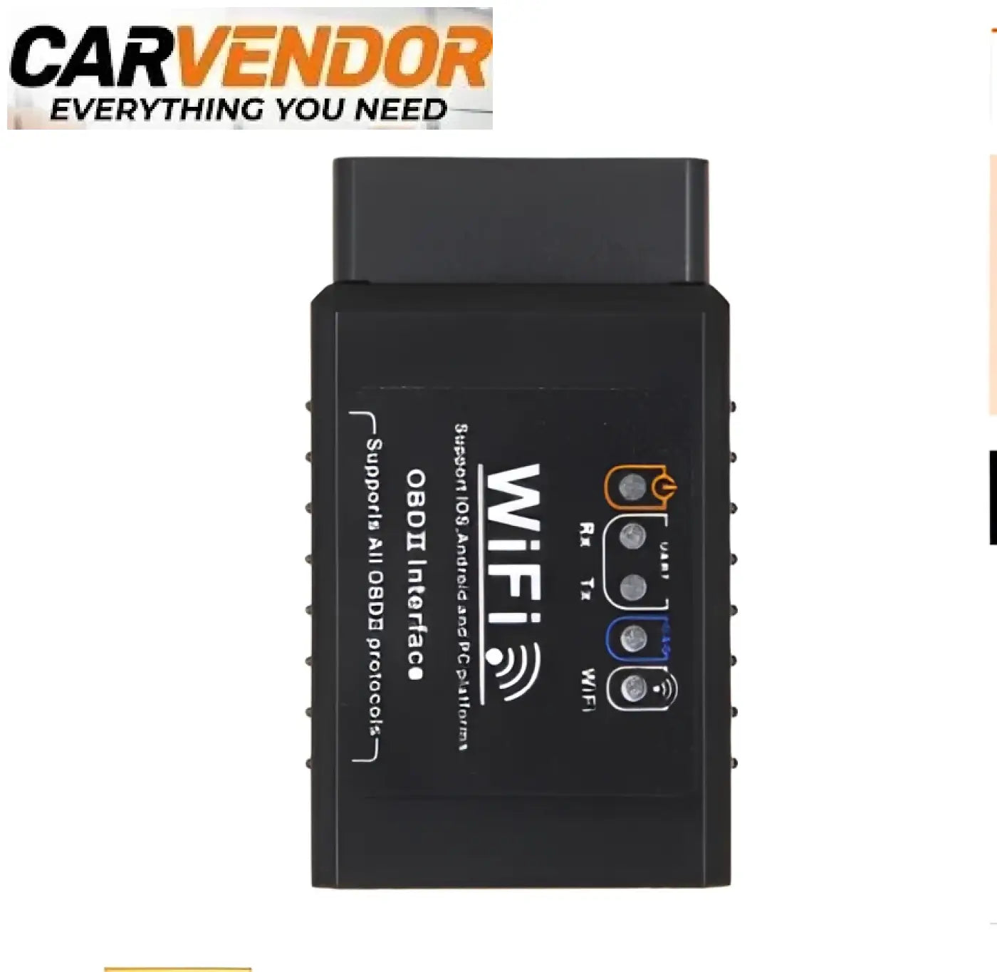 Langaton obd vikakoodinlukija musta suorakulmainen wifi-autodiagnostiikkaadapteri merkittyine porteineen ja valoilla