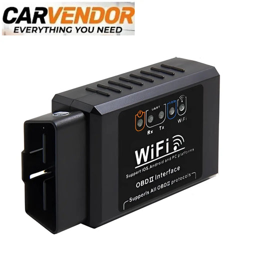 Langaton obd vikakoodinlukija musta muovinen wifi rajapinta laitteiston takapuoli liitännöillä ja valoilla