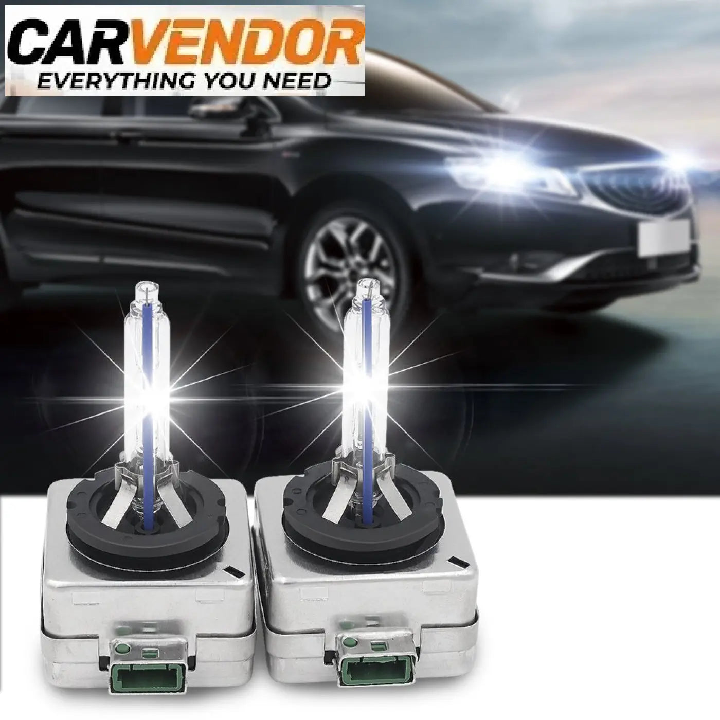 Kaksi kirkkaan valkoista premium hid xenon h4 -vaihtopolttimoa hopeisilla metallisokkeleilla ja mustilla kumitiivisteillä autoihin