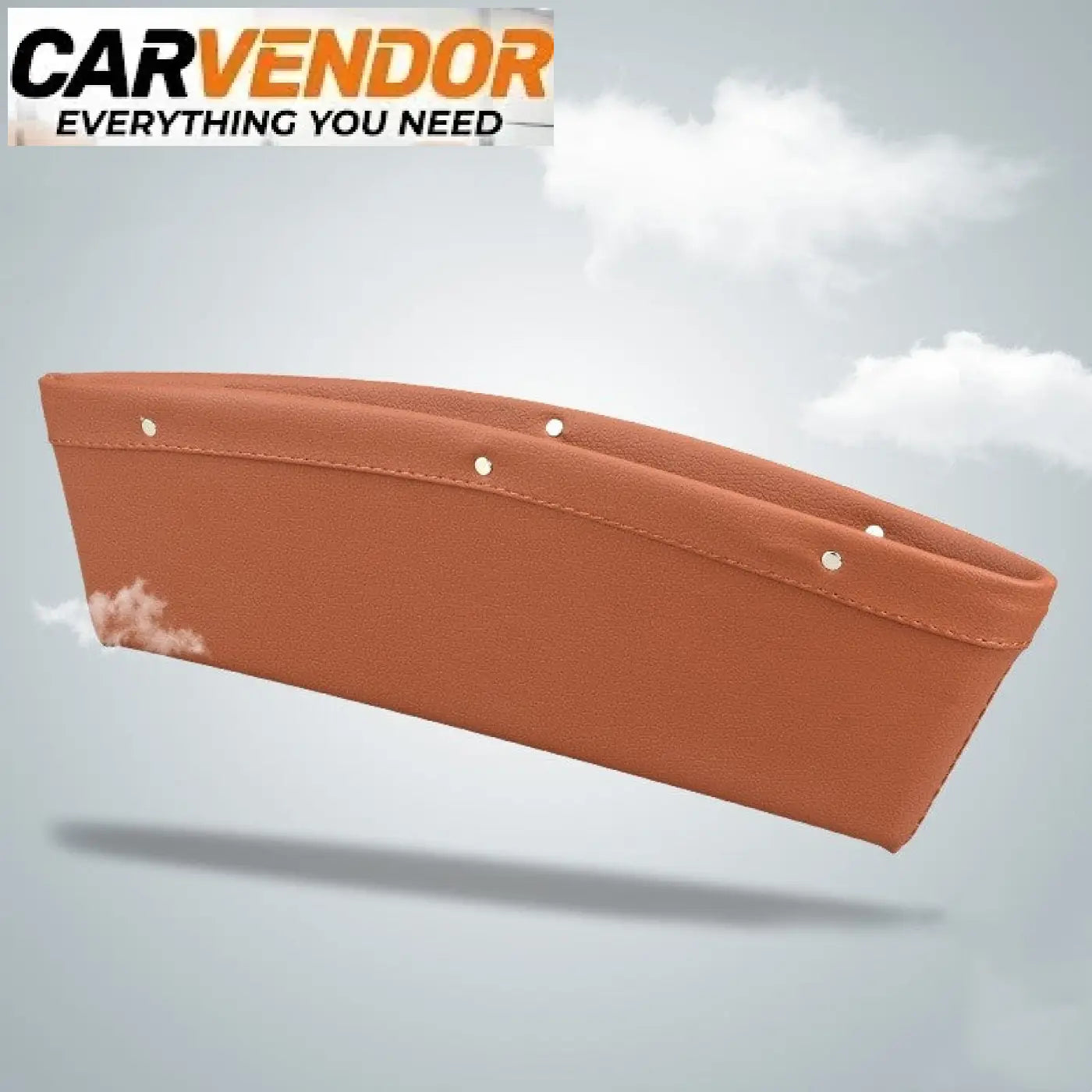 Premium istuinvälin säilytyslaatikko ruskeaa pu-nahkaa tikatuilla reunoilla ja metallisilla silmukoilla