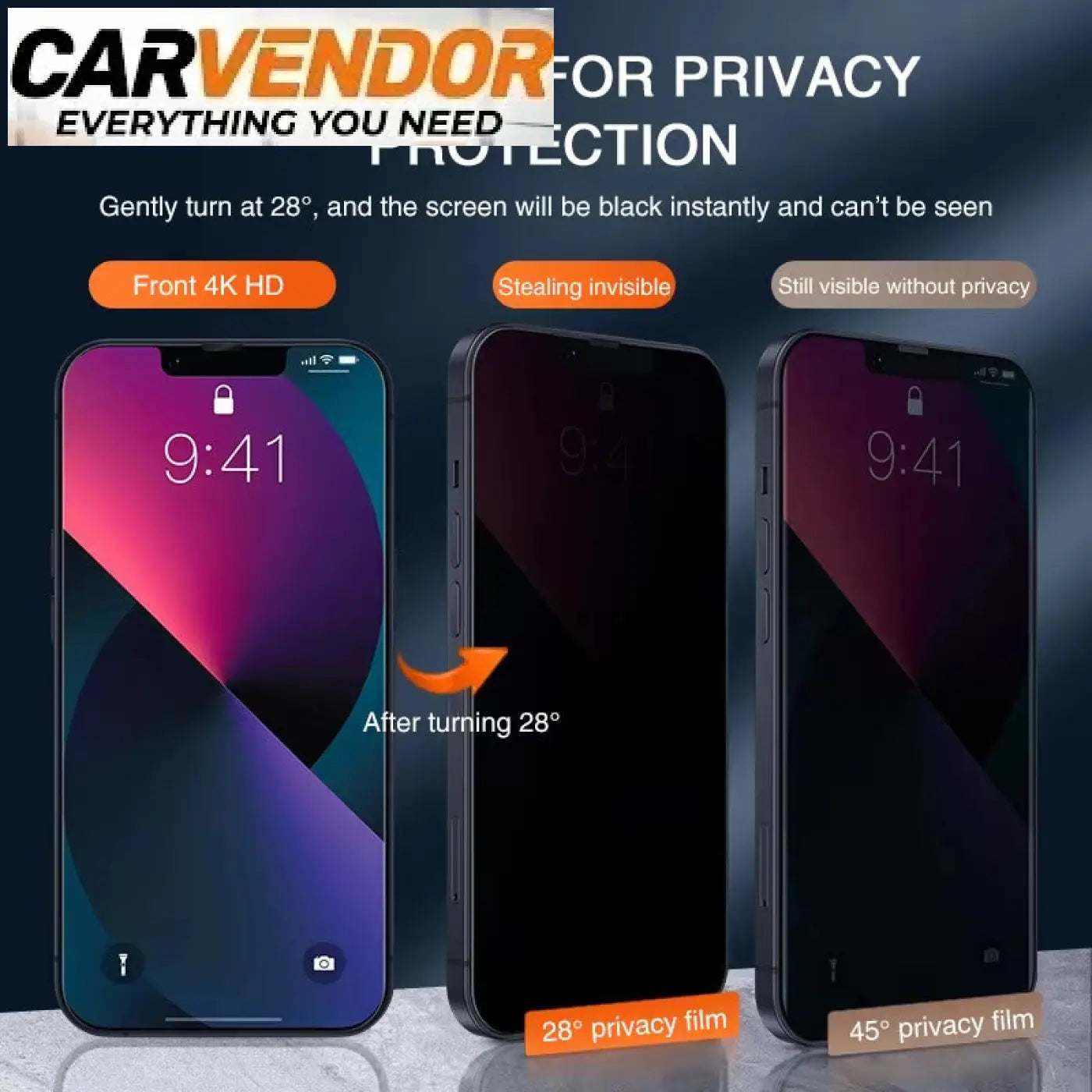 Sleek black 28 degree privacy screen protector for iphone 11 to 17 pro max secures the mobile phone screen from side views