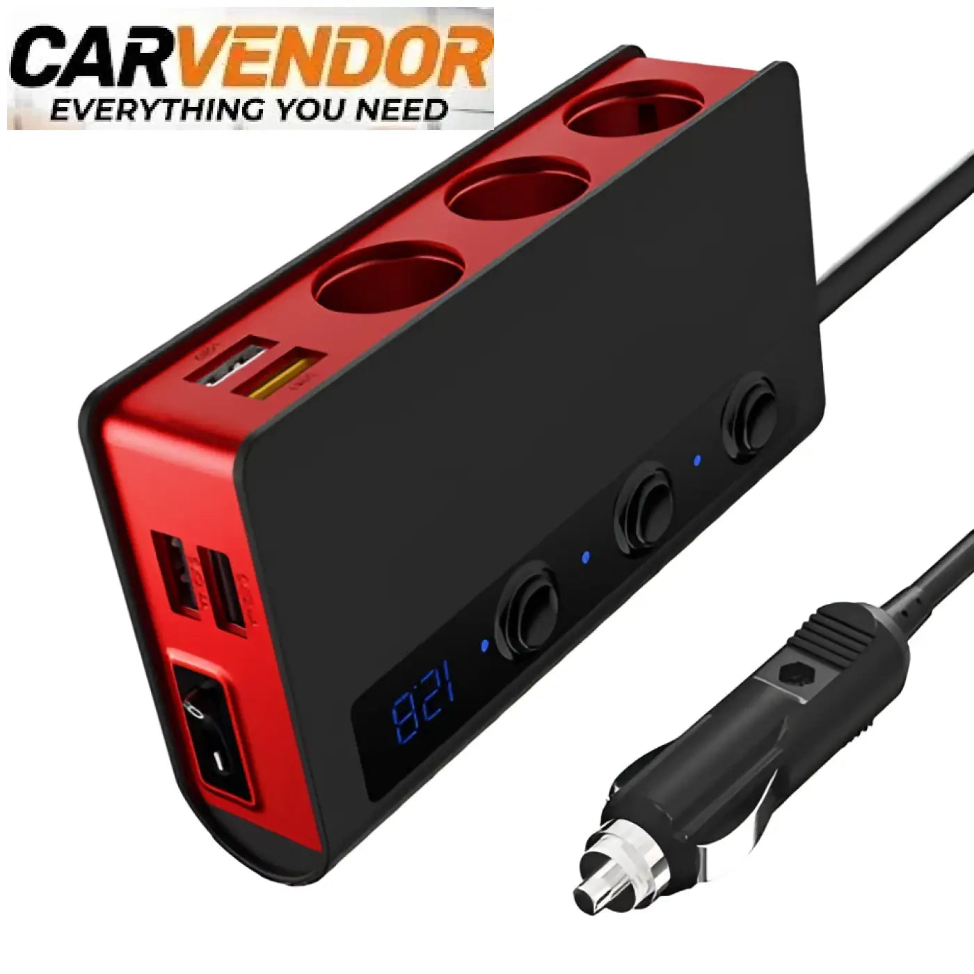Punainen ja musta tehokas 3-osainen 12v jakaja ja qc 3.0 pikalaturi useilla usb-porteilla ja eurooppa-pistorasioilla
