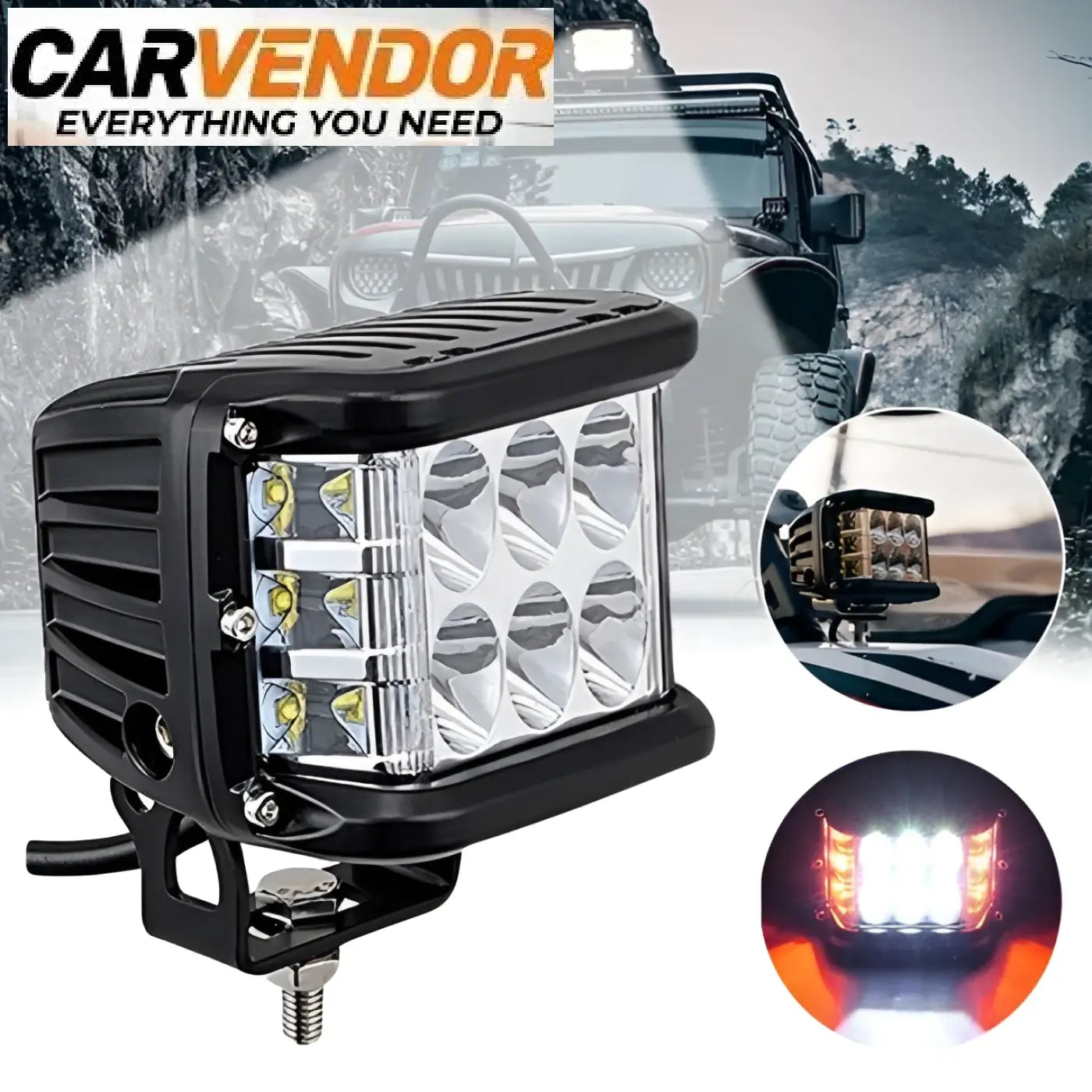Tehokas 45w led-työvalo mustalla suorakaiteen muotoisella kotelolla ja kuudella pyöreällä linssillä
