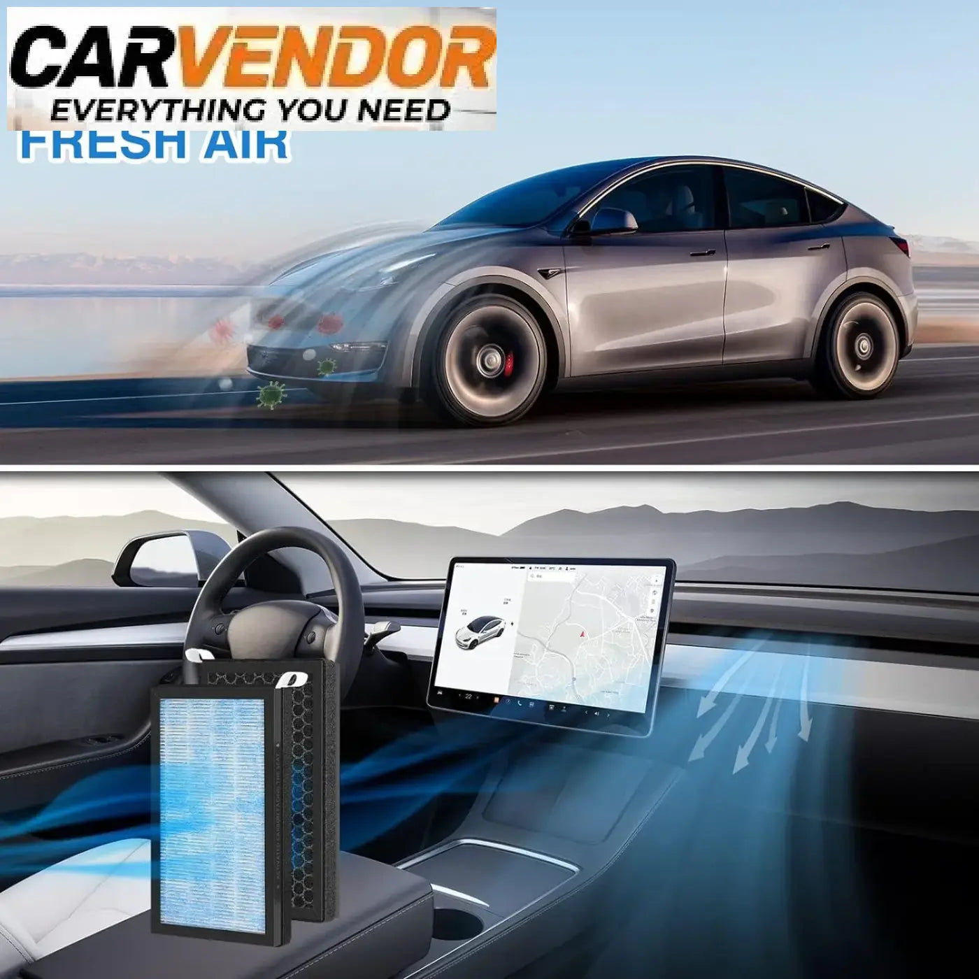 Tesla model 3 ja model y musta suorakulmainen auton happisuodatin aktiivihiilellä sinisellä valaistulla kennolla