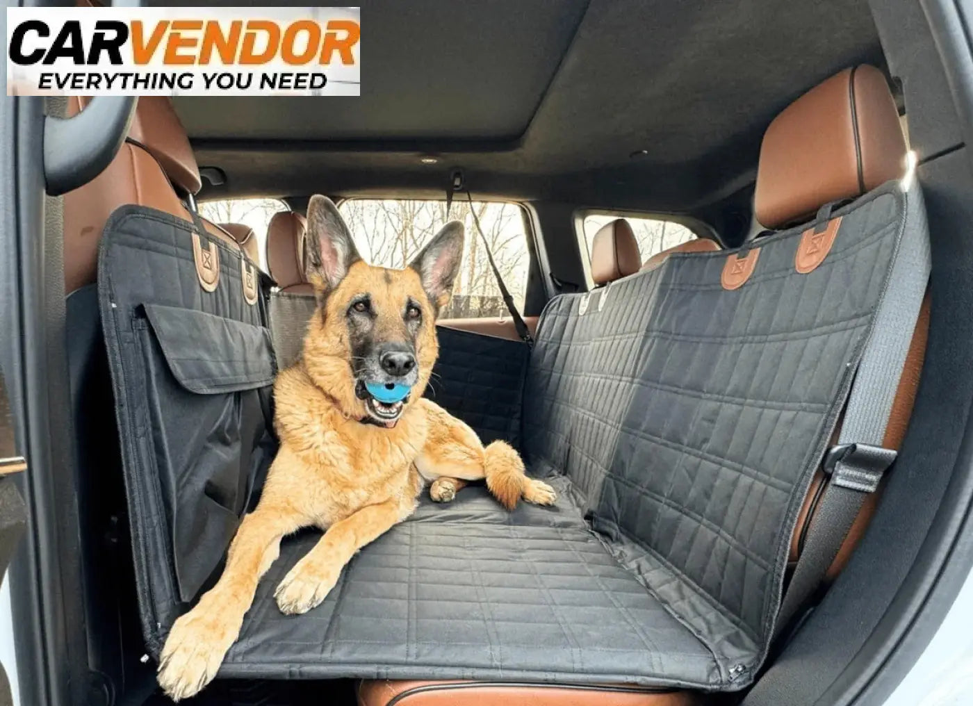 Black quilted car seat cover with brown leather accents and multiple pockets for vahvistettu koiran autopeti takapenkin suoja tukilevyllä