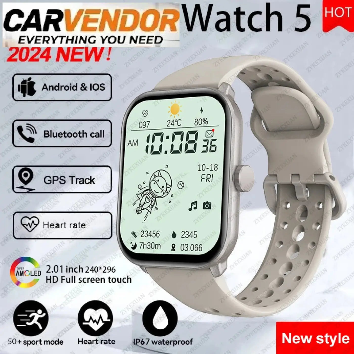 Light gray silicone strap with sleek modern design and perforated pattern for watch 5 älykello with 2.01 inch hd display