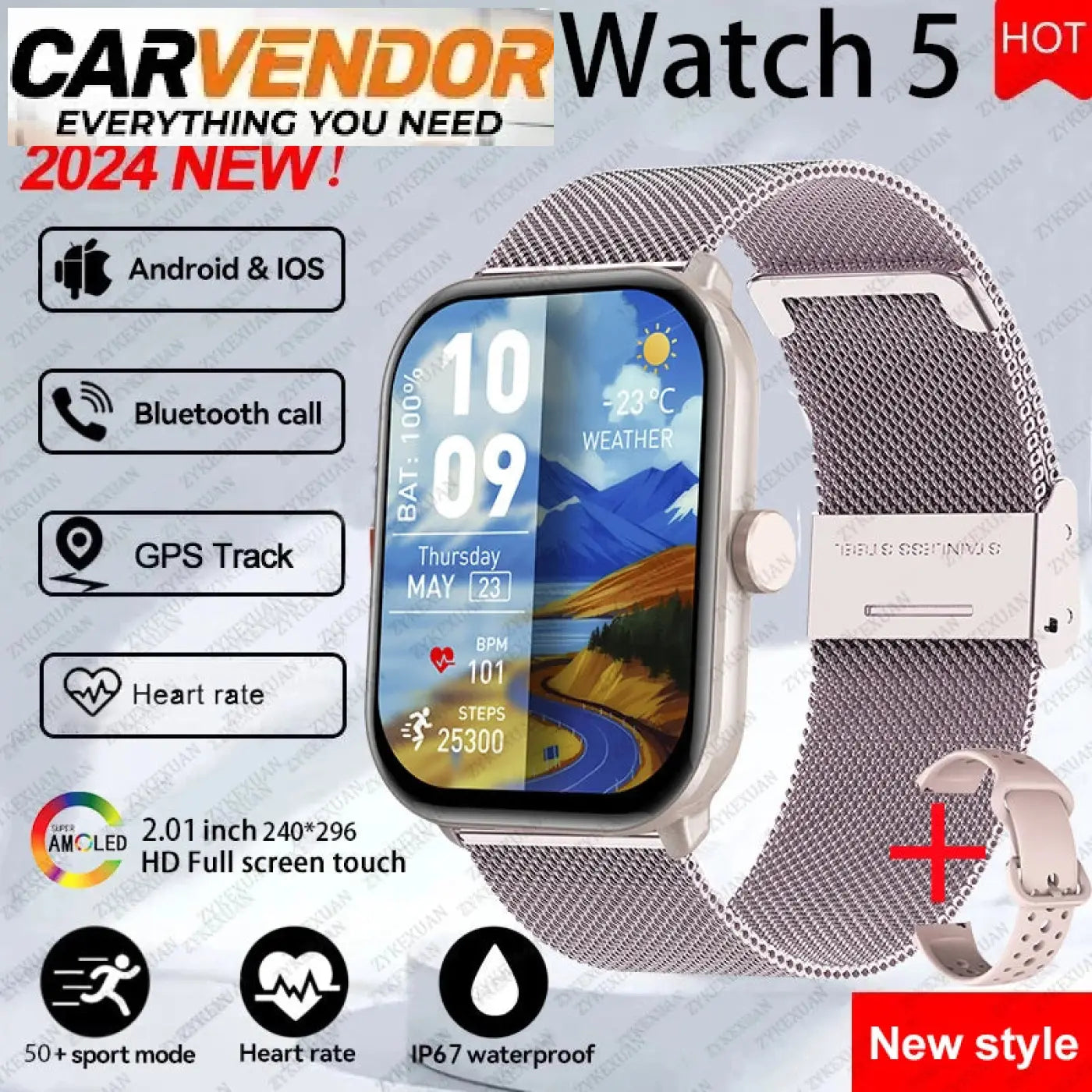 Watch 5 älykello hopea verkko rannekkeella 2.01 tuuman hd-näytöllä gps- ja sykemittauksella android ja ios-yhteensopiva