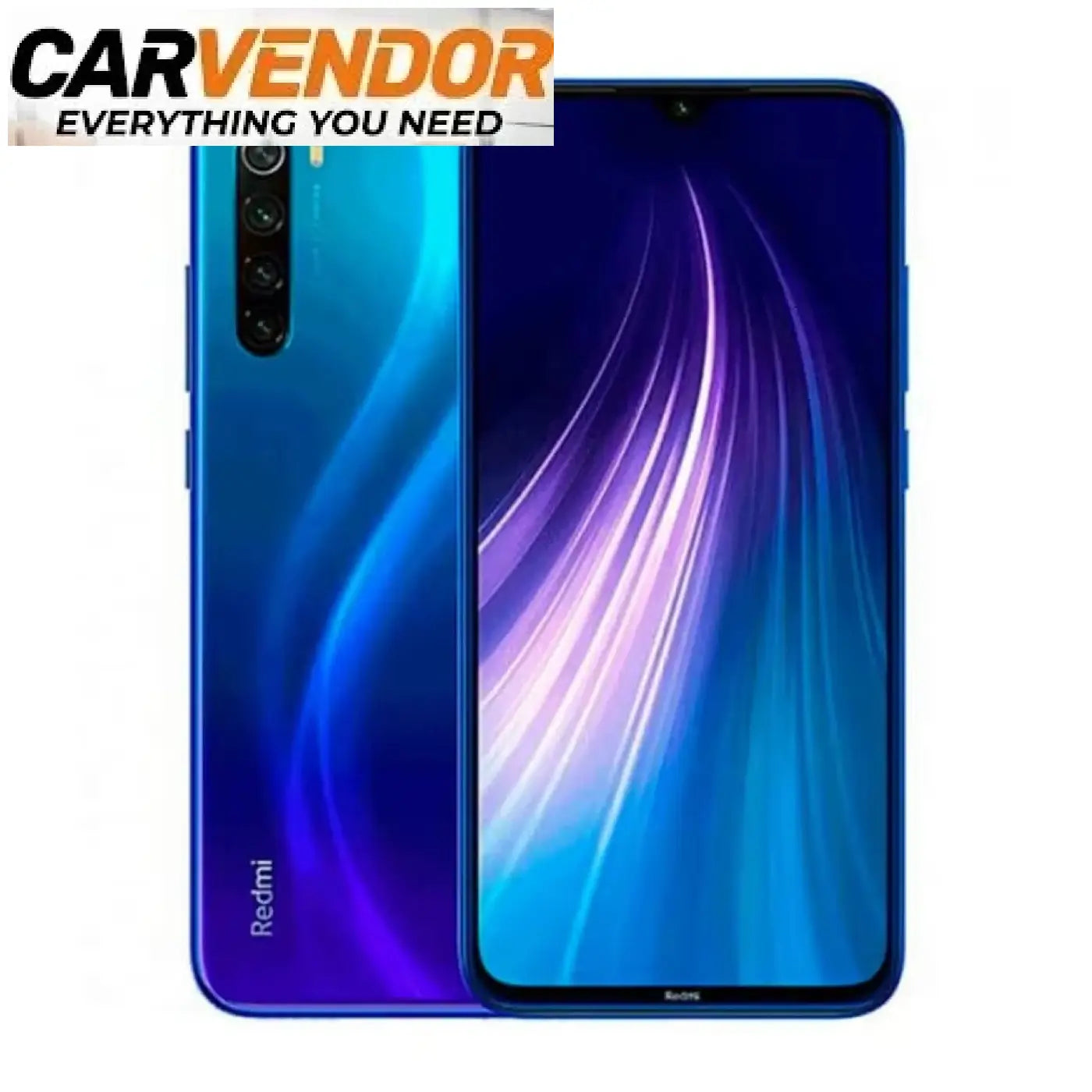 Sininen liukuvärinen xiaomi redmi note 8 (2021) älypuhelimen takakuva kiiltävällä pinnalla ja pystysuuntaisella kameralla