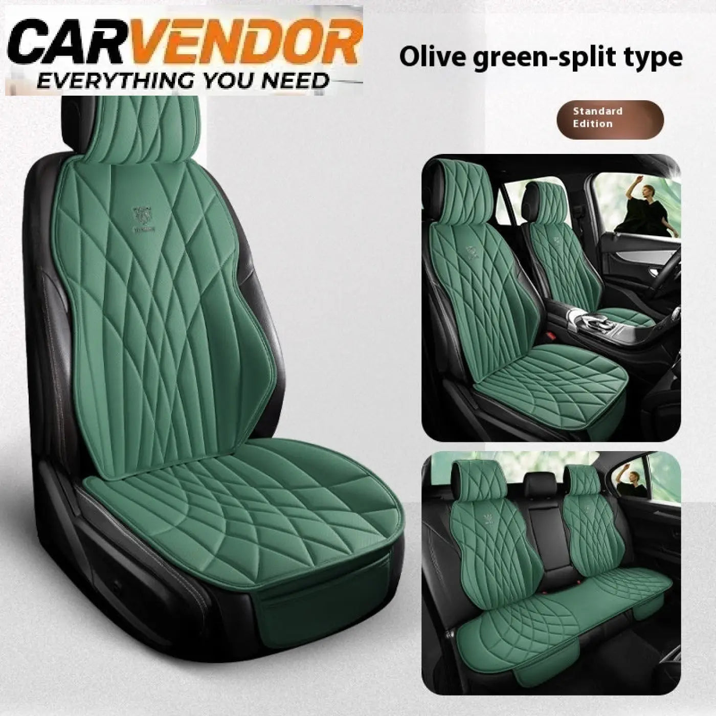 Olive green quilattu yleismallinen premium-istuinsuojasarja keinonahkaa 5-paikkaiseen autoon mustalla reunuksella